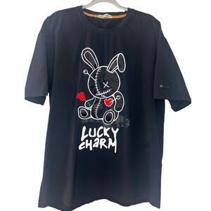 Lucky Charm Black Graphic T Shirt Mens 5XL Bunny Rose Print Short Sleeve Flawed